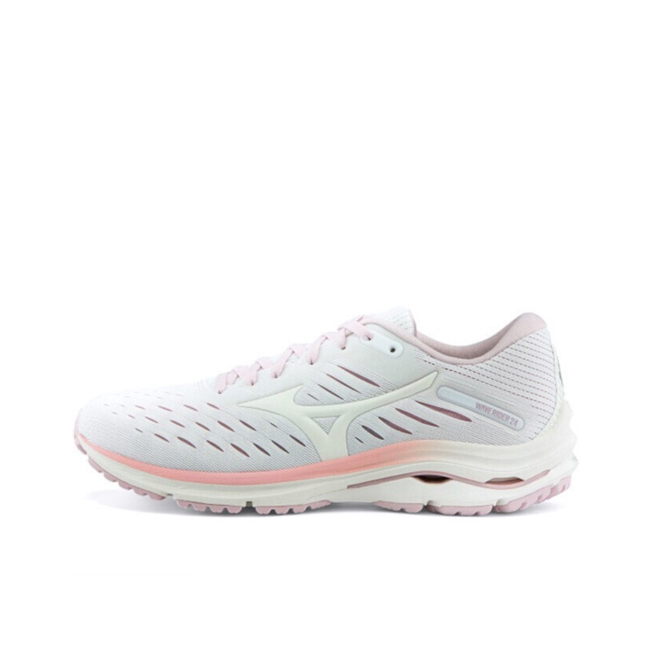 推荐商品：Mizuno/美津浓 Wave Rider 24 时尚休闲 防滑耐磨 减震透气 健身训练 舒适回弹 织物合成革 运动 跑鞋 银灰/粉色