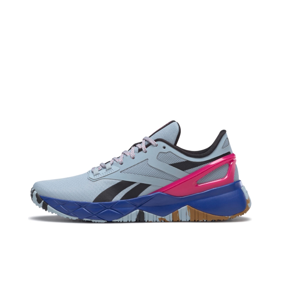 推荐商品：Reebok/锐步 Nanoflex TR 减震回弹 圆头 舒适轻便 网布透气 织物 合成革 防滑耐磨 休闲运动 健身 训练鞋 灰蓝/酷影灰/粉色