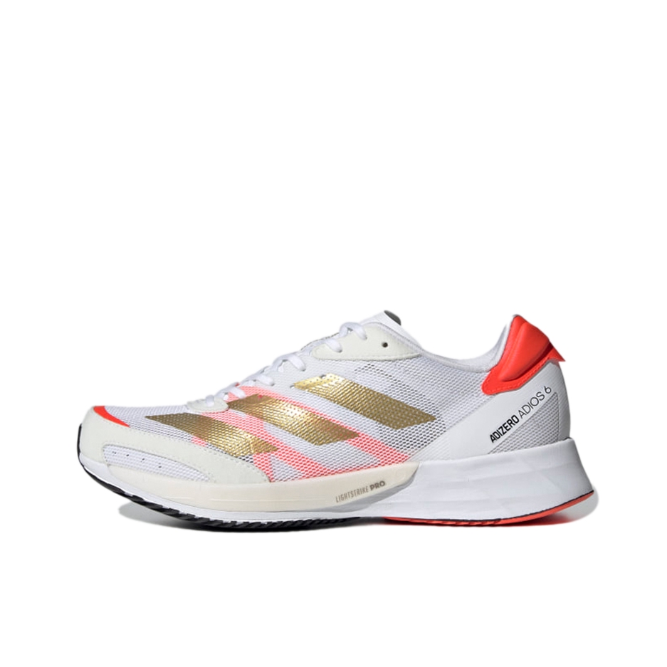 推荐商品：adidas Adizero Adios 6 跑鞋 马拉松竞速网布透气防滑耐磨织物碳板 白色/橘红色/金色