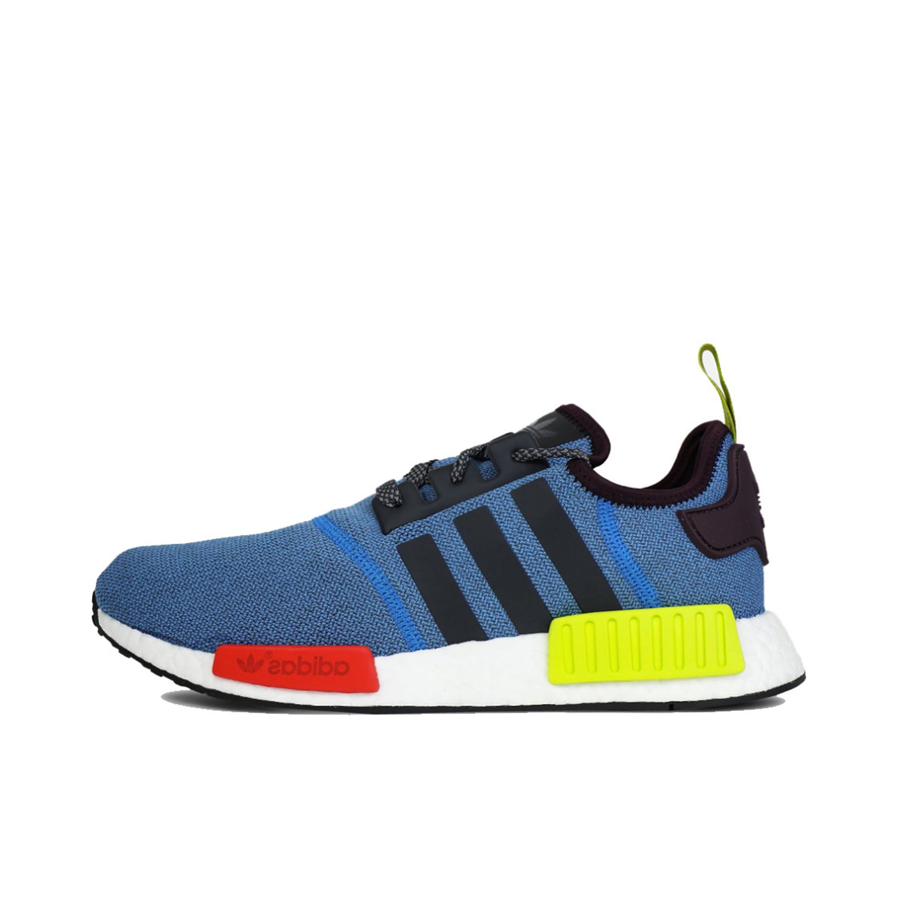 推荐商品：adidas Originals NMD R1 BOOST 织物 轻便透气 缓震 低帮 运动休闲鞋 Blue/Red/Yellow Villa联名款/蓝色/红色/黄色