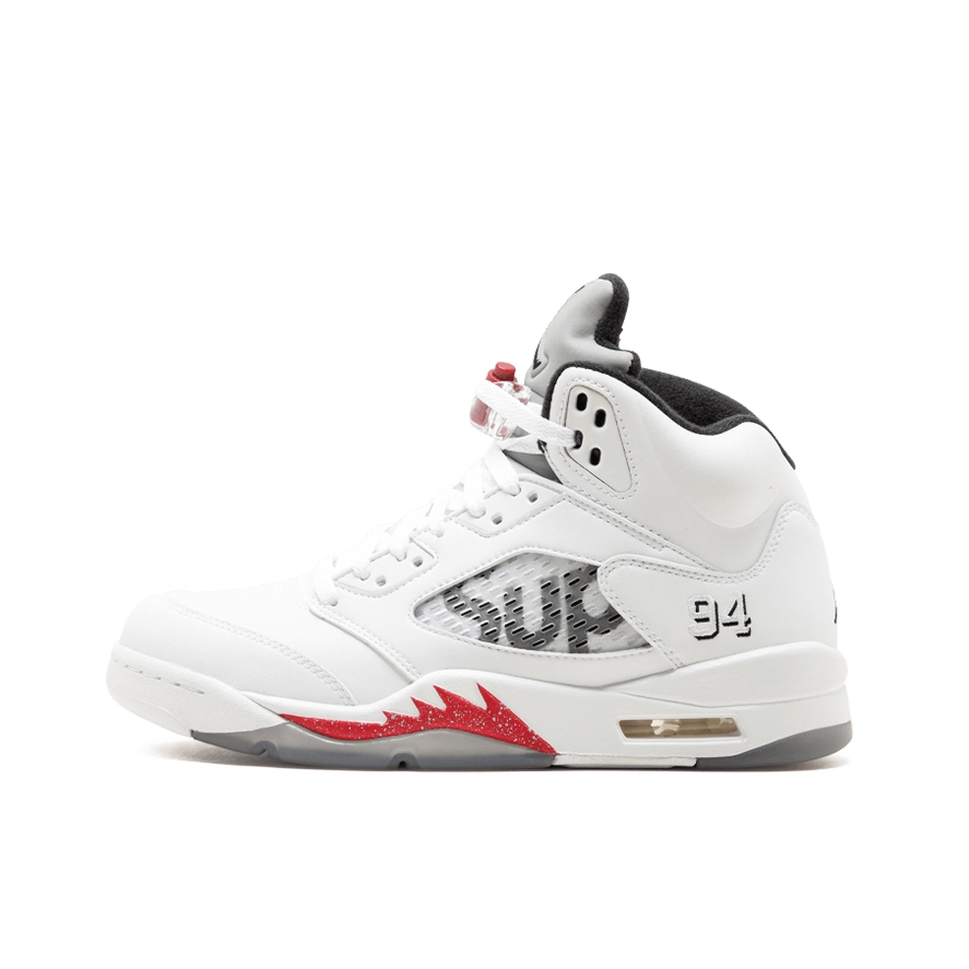 推荐商品：Air Jordan 5 运动休闲鞋 复古潮流透气防滑耐磨缓震实战支撑包裹性 White Sup联名/白色/红色