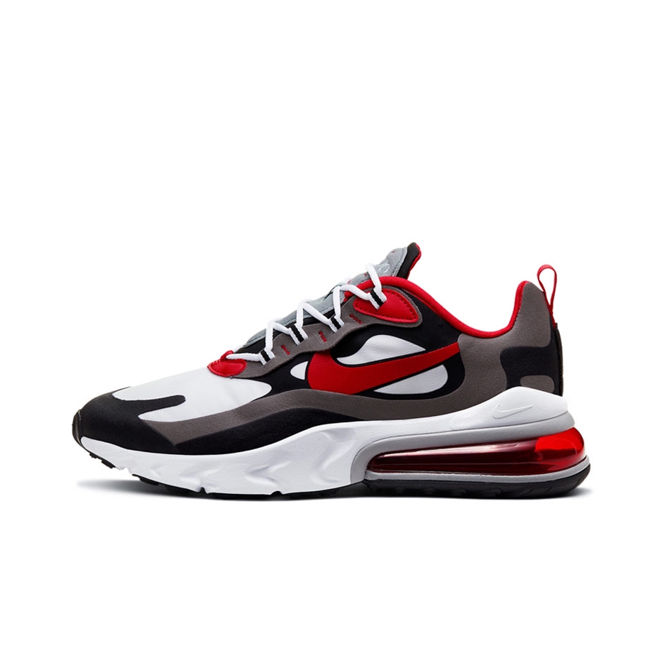 推荐商品：Nike Air Max 270 React 跑鞋 气垫缓震耐磨舒适透气复古拼接圆头回弹 Grey/Black/Red 男款/灰色/黑色/红色