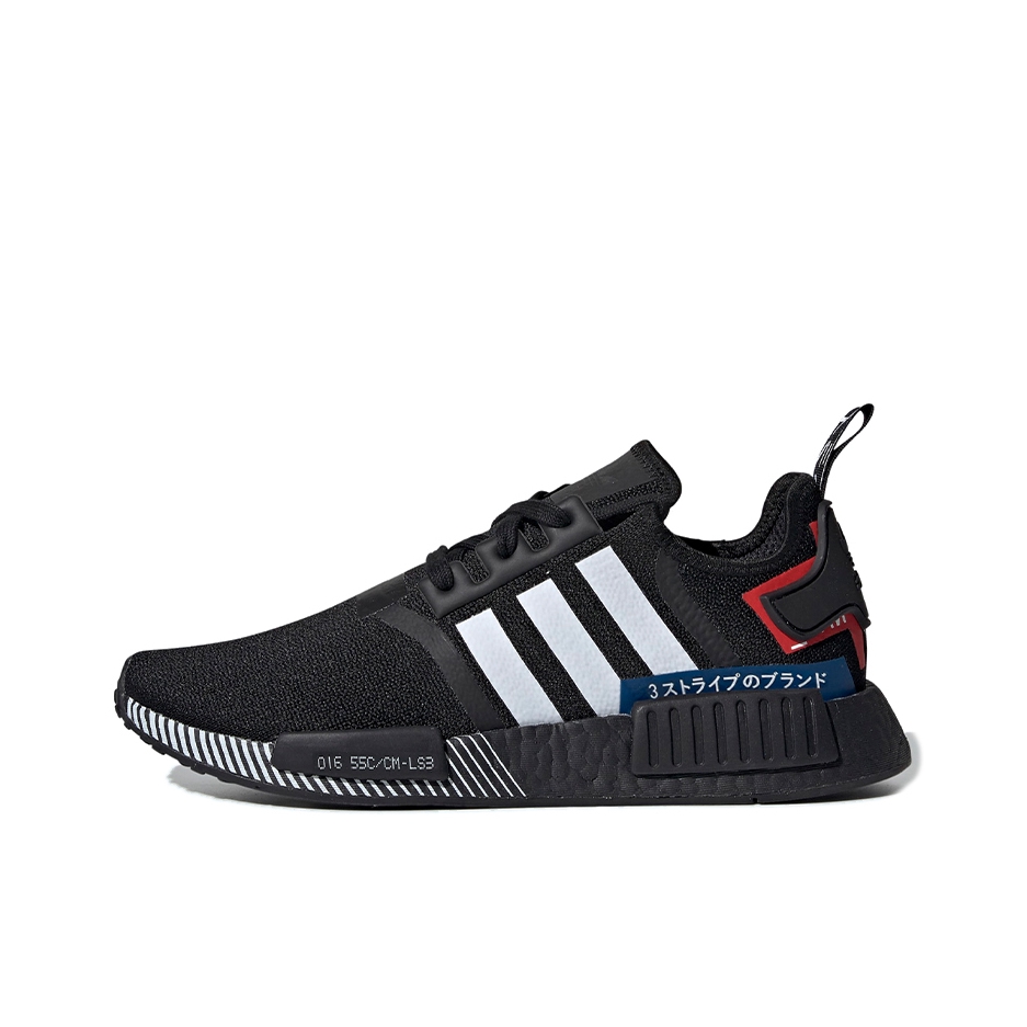 推荐商品：adidas Originals NMD R1 BOOST 织物 轻便透气 缓震 低帮 运动休闲鞋 Core Black/Cloud White/Blue 日文/黑色/白色