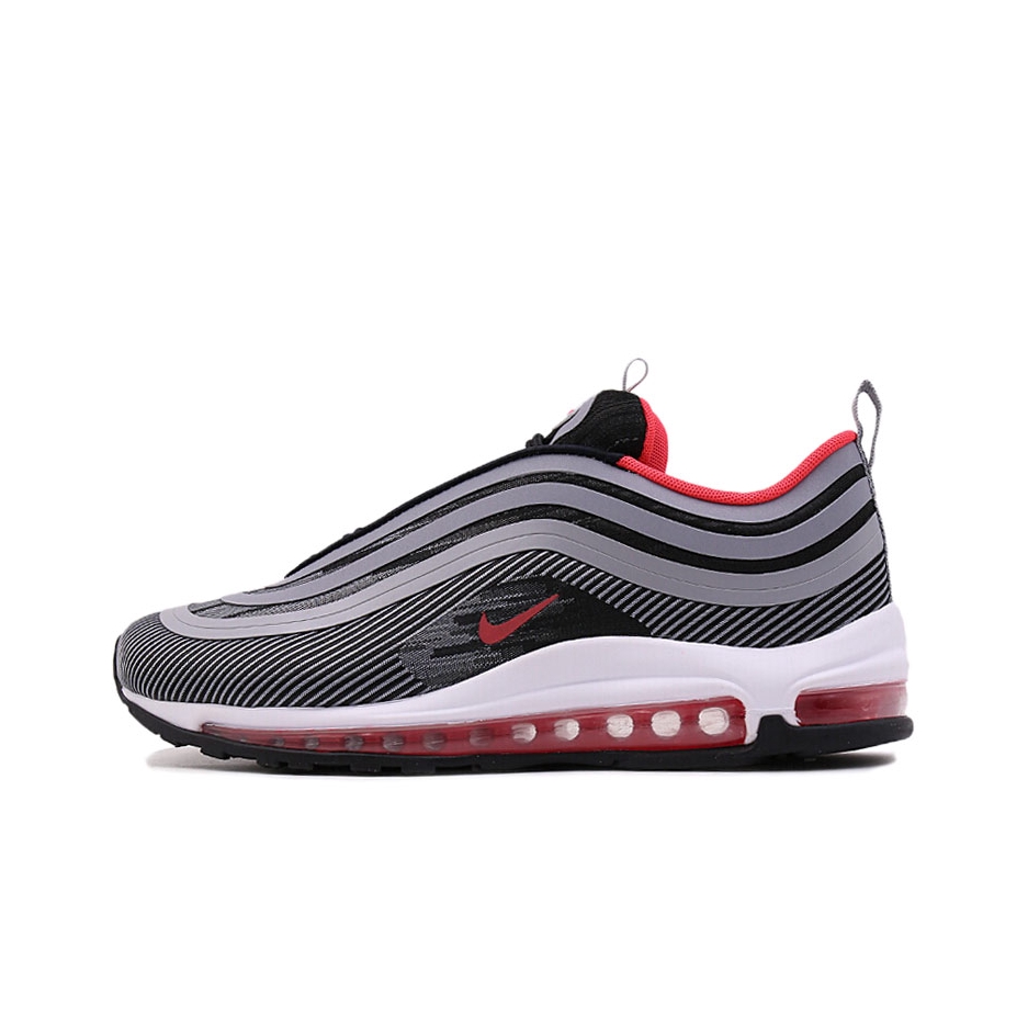 推荐商品：Nike Air Max 97 跑鞋 气垫减震全掌舒适透气防滑耐磨百搭复古织物合成革运动时尚圆头包裹性支撑 Silver Red 黑灰/红色