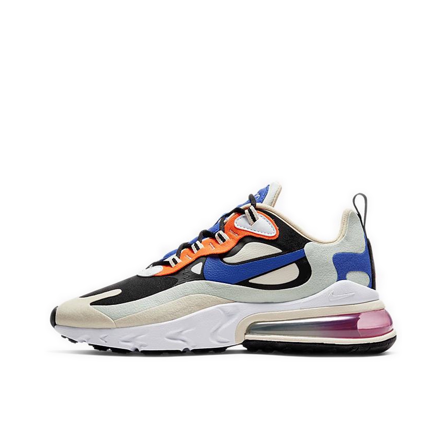 推荐商品：Nike Air Max 270 React 跑鞋 气垫缓震耐磨舒适透气复古拼接圆头回弹 Fossil/White/Black/Blue 灰黑/蓝橙
