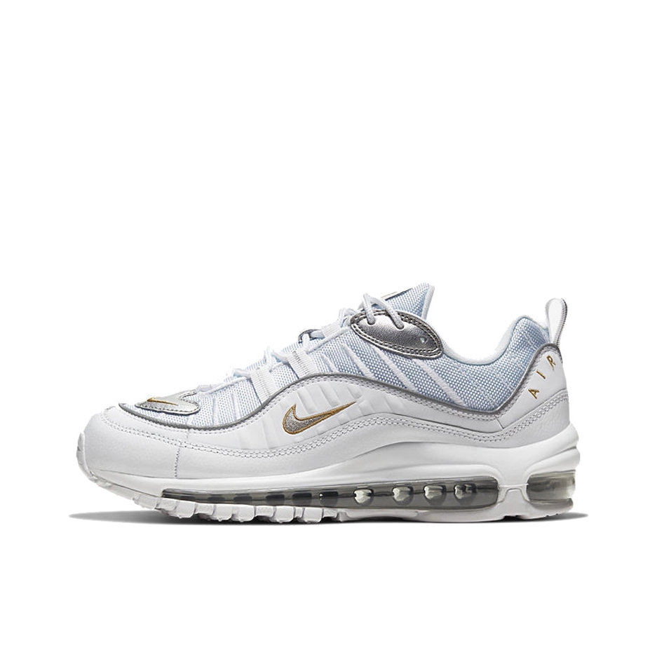推荐商品：Nike Air Max 98 跑鞋 潮流复古全掌缓震回弹防滑耐磨轻便透气时尚拼接圆头气垫 Blue Chill 白灰蓝金