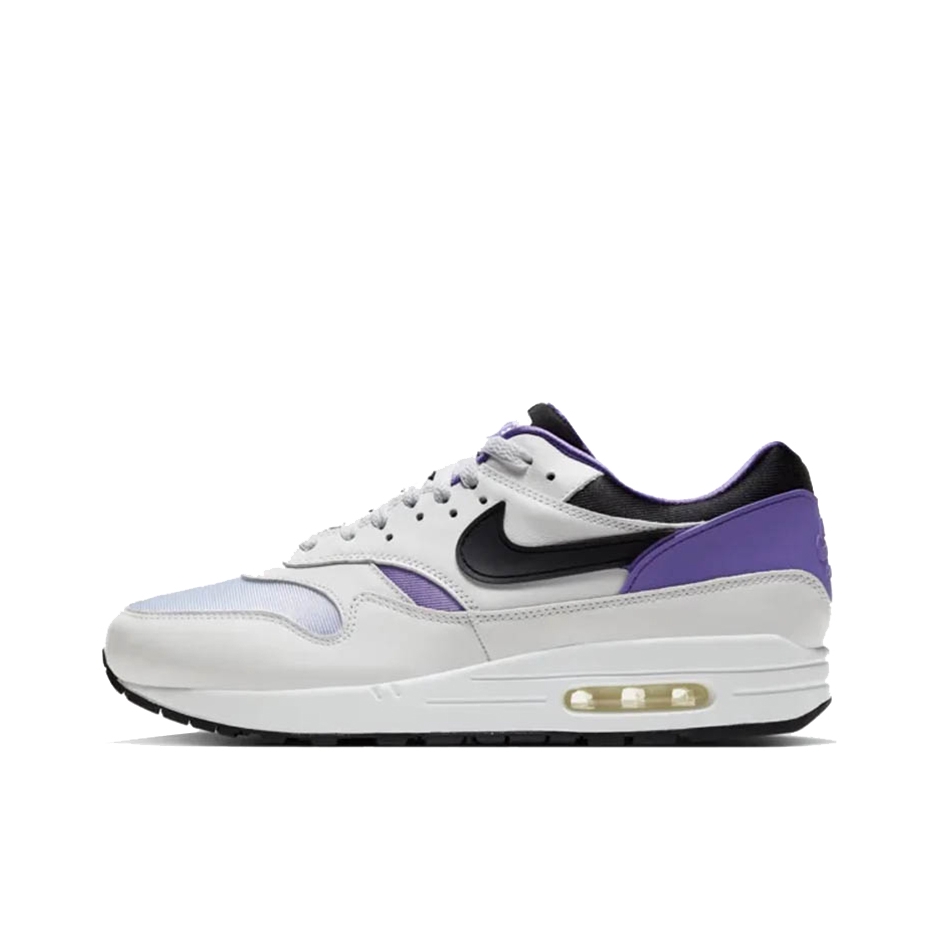 推荐商品：Nike Air Max 1 跑鞋 气垫缓震透气轻便复古运动舒适百搭潮流耐磨低帮训练防滑冬季支撑马拉松防水抓地圆头耐穿 White/Black/Purple 白黑紫