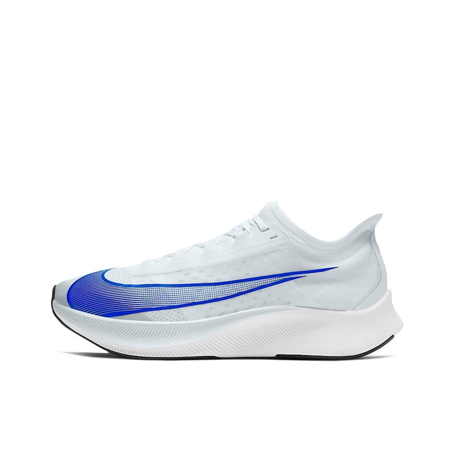 推荐商品：Nike Zoom Fly 3 跑鞋 缓震回弹防滑耐磨竞速碳板马拉松合成革织物泡棉 白色/蓝色