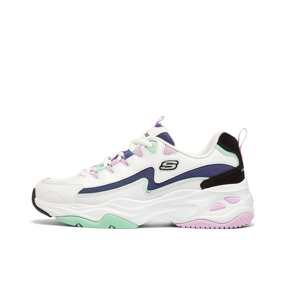 推荐商品：【赵露思同款】 Skechers/斯凯奇 D'Lites 4.0 老爹鞋 熊猫鞋 跑鞋 减震耐磨网面透气复古时尚增高厚底绑带运动休闲 白色/淡紫色/蓝色