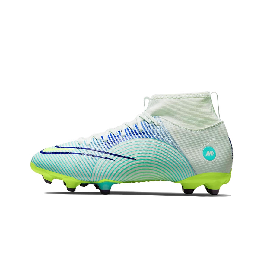 推荐商品：Nike Mercurial Superfly 8 Academy FG/MG 中端 胶质混钉 人造草地天然草地 防滑耐磨透气轻便 足球鞋 大童/蓝色/荧光黄