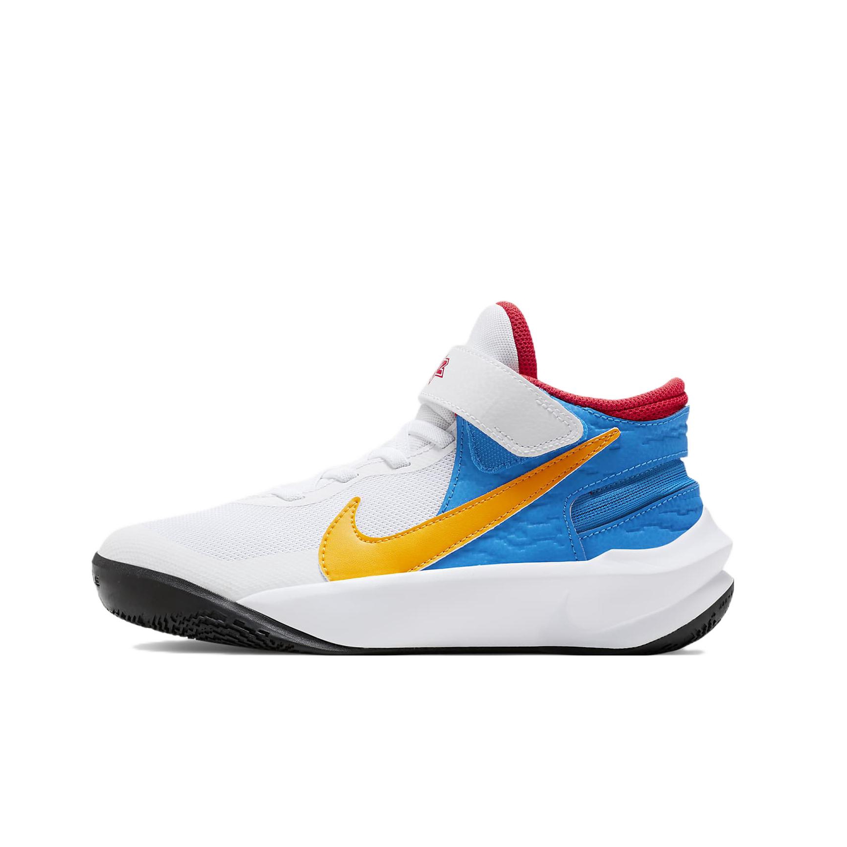 推荐商品：Nike Team Hustle D 10 Flyease 易穿脱 防滑耐磨 减震透气 实战 训练 织物 合成革 舒适百搭 魔术贴 篮球鞋 大童/白色/金色/蓝色