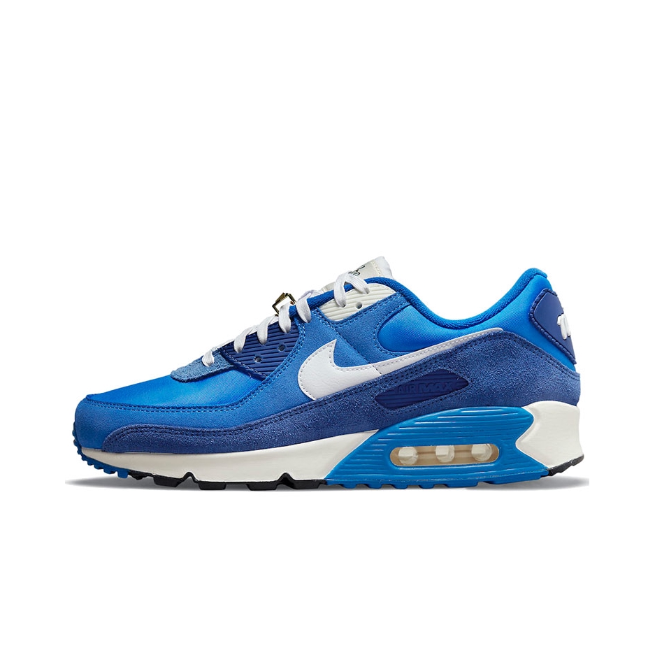 推荐商品：Nike Air Max 90 跑鞋 气垫合成革缓震透气复古增高圆头贴合拼接 Signal Blue 信号蓝/白色