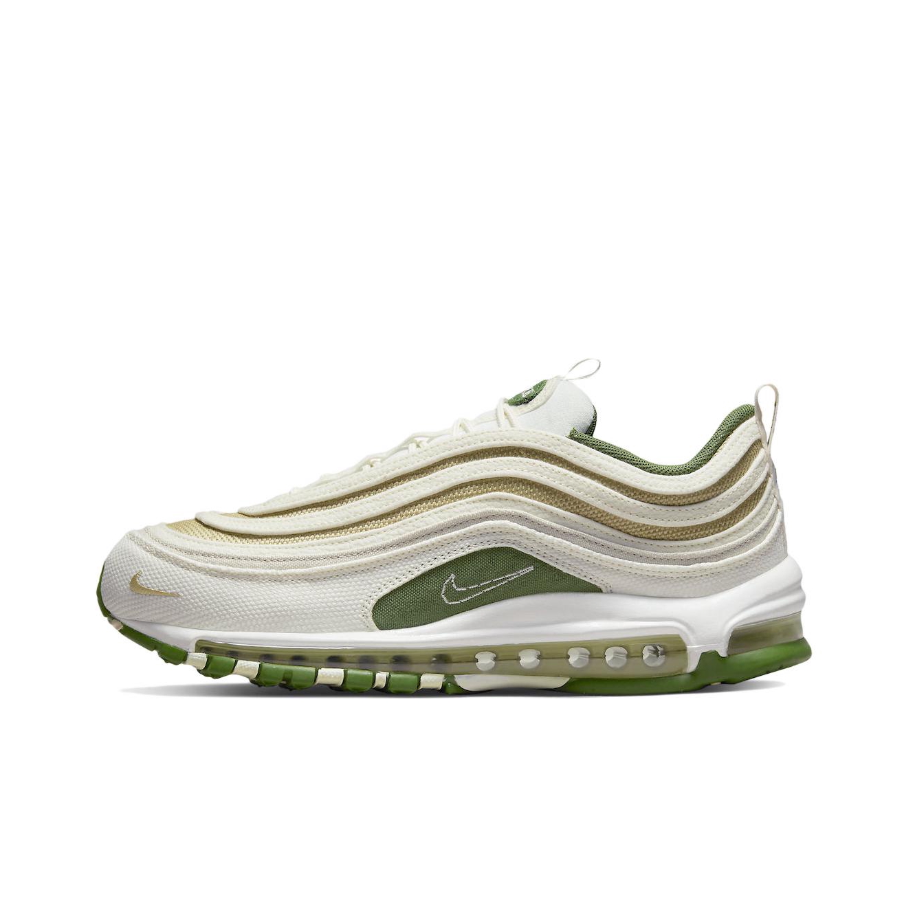 推荐商品：Nike Air Max 97 跑鞋 气垫减震全掌舒适透气防滑耐磨百搭复古织物合成革运动时尚圆头包裹性支撑 Sun Club 环保材质/米白/绿色