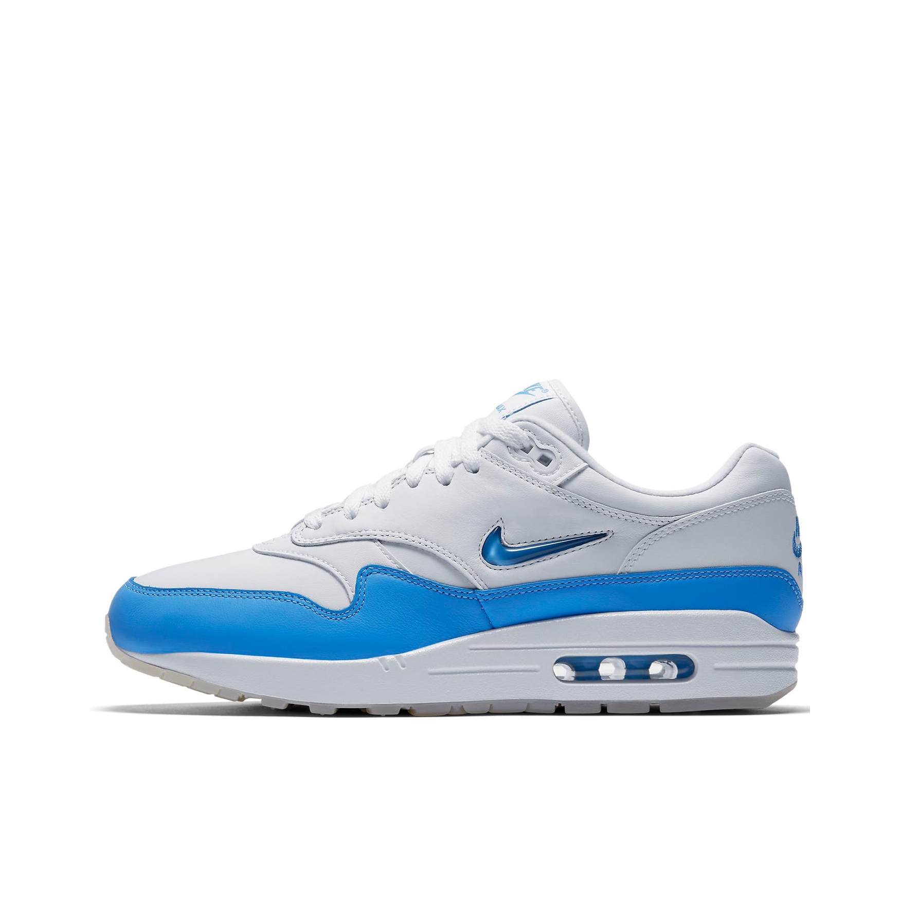 推荐商品：Nike Air Max 1 跑鞋 气垫缓震透气轻便复古运动舒适百搭潮流耐磨低帮训练防滑冬季支撑马拉松防水抓地圆头耐穿 Jewel University Blue 白校园蓝