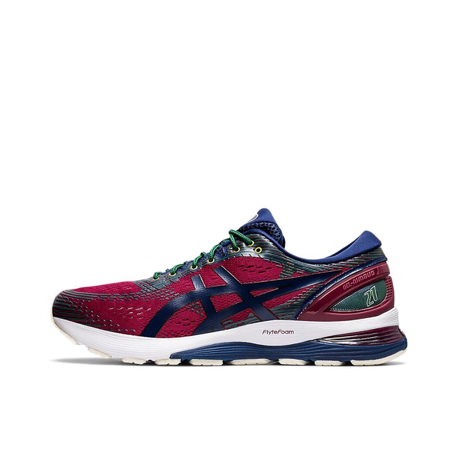 推荐商品：Asics/亚瑟士 Gel-Nimbus 21 跑鞋 舒适缓震防滑耐磨稳定支撑网面透气织物合成革慢跑 深红/藏蓝
