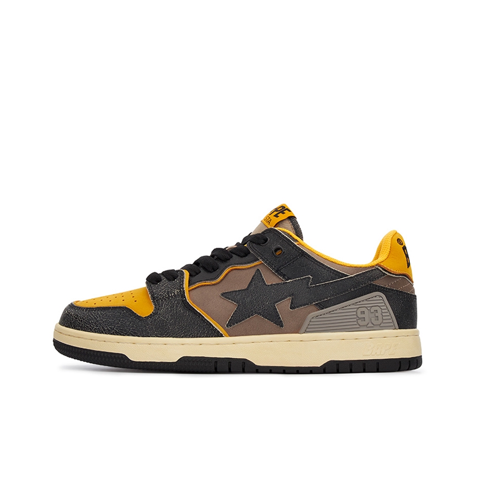 推荐商品：Bape Sta 板鞋 拼接舒适皮革防滑耐磨系带圆头时尚简约复古百搭牛皮压纹平跟徽标星星图案 棕色/黑色/黄色