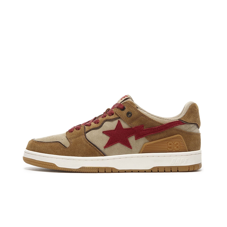 推荐商品：Bape Sta 板鞋 拼接舒适皮革防滑耐磨系带圆头时尚简约复古百搭牛皮压纹平跟徽标星星图案 棕色/红色
