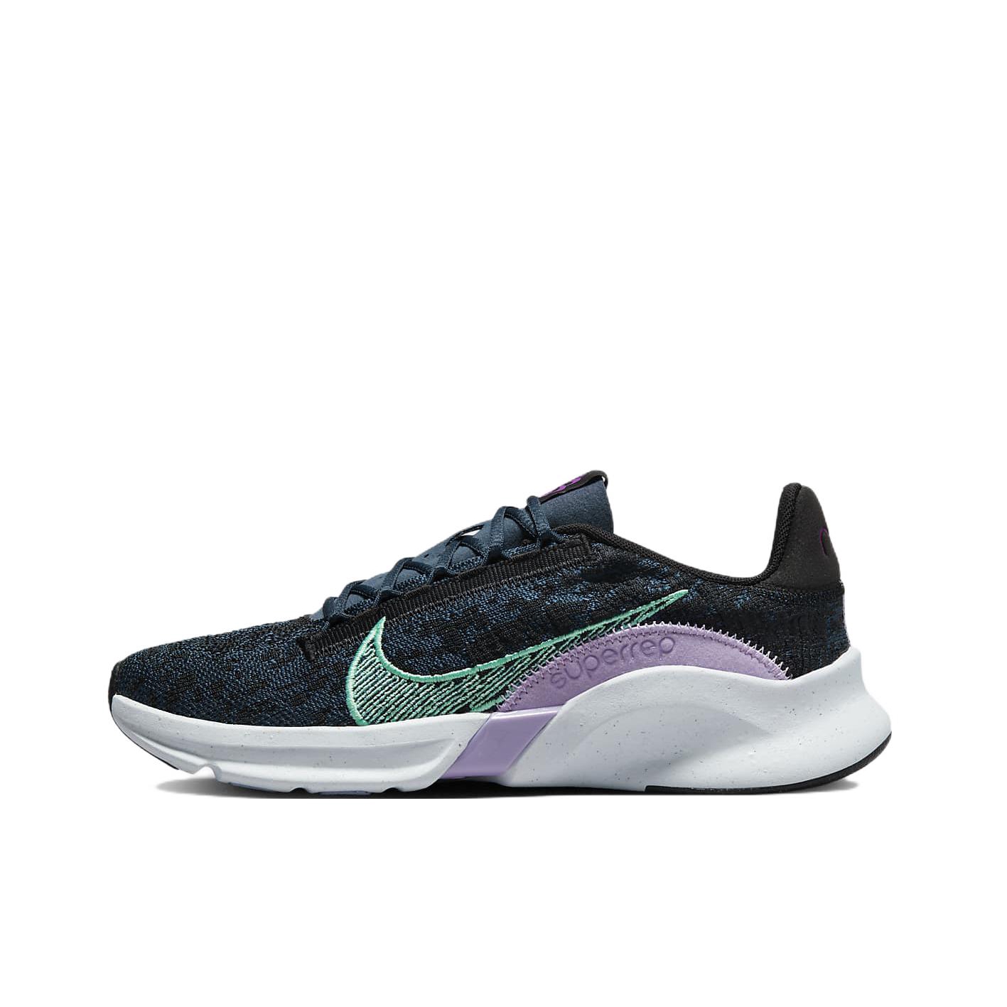 推荐商品：Nike SuperRep Go 3 Flyknit Next Nature 跑鞋 减震回弹轻便透气支撑织物 黑色/紫色/浅绿