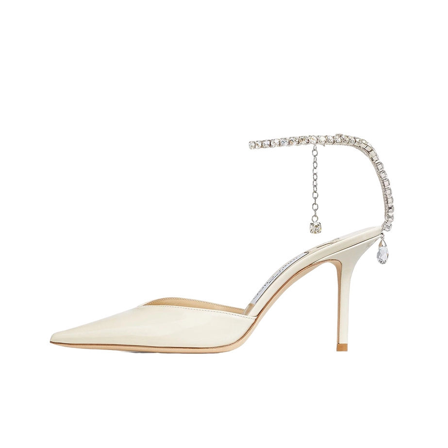 推荐商品：Jimmy Choo Saeda100 时尚简约 舒适休闲 搭扣 潮流 水晶链饰 尖头 细跟 露跟 高跟鞋 象牙色