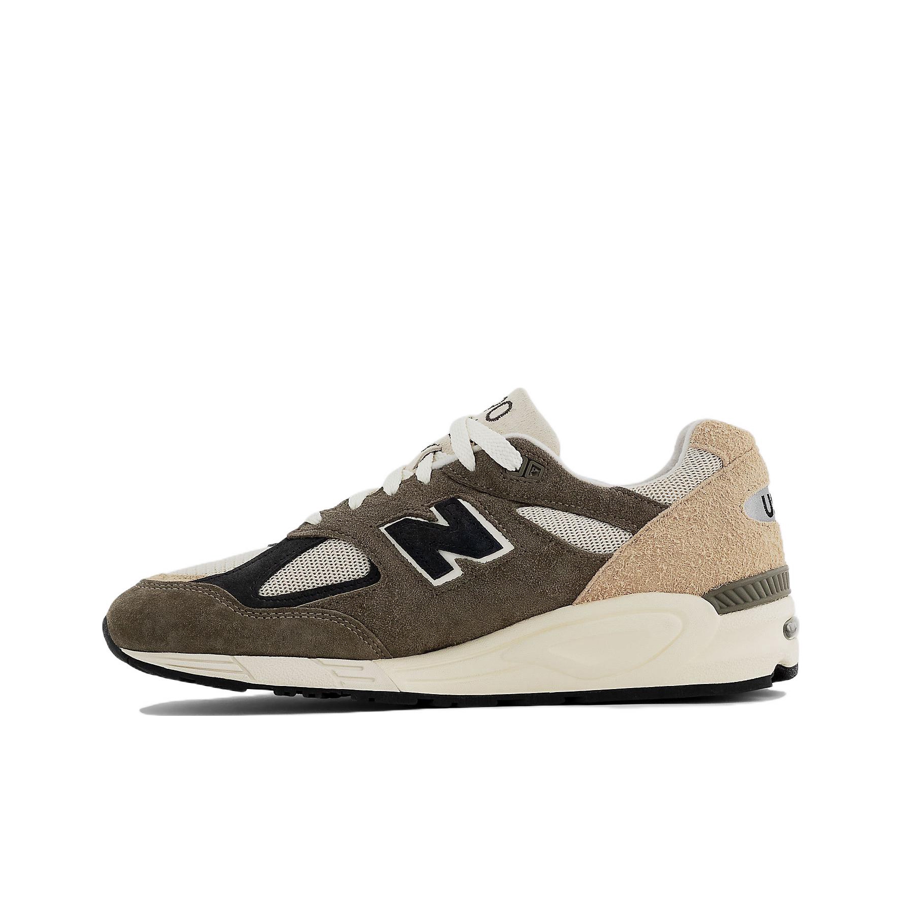 推荐商品：New Balance 990 V2 跑鞋 人造革防滑耐磨抗冲击织物网布透气减震复古包裹性 V2/军绿/白色/浅褐色