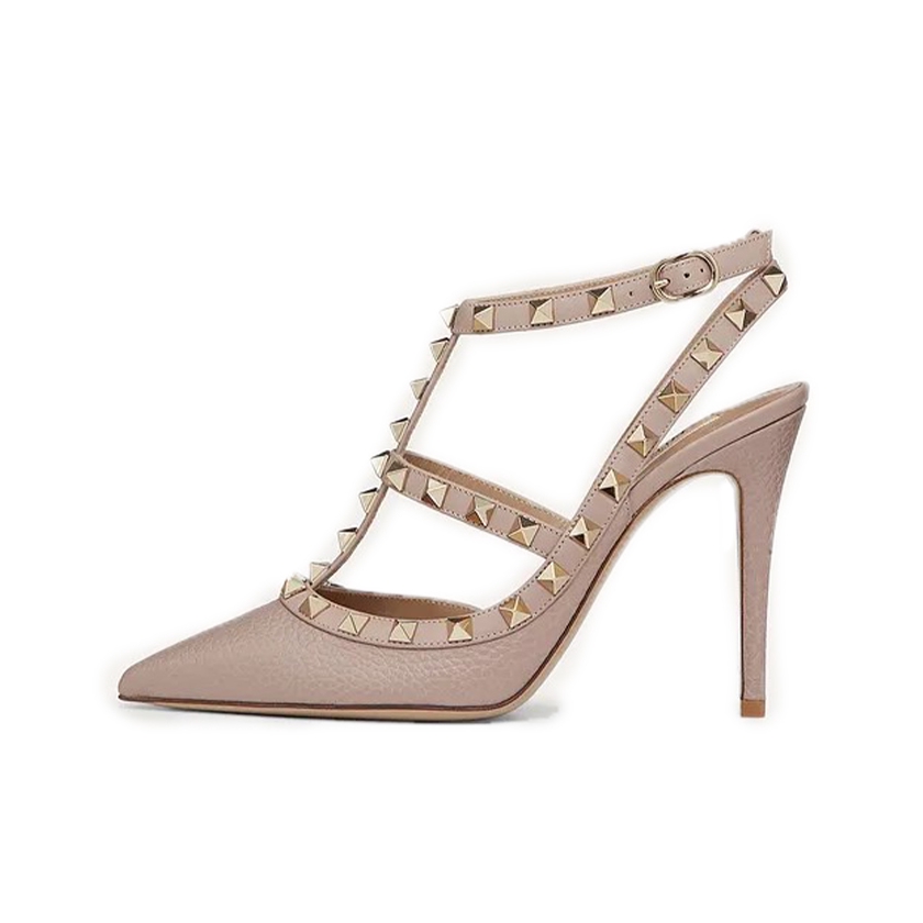 推荐商品：Valentino Rockstud 休闲时尚 露跟 铆钉装饰 踝带 尖头 一字带 细跟 高跟鞋 玫瑰金