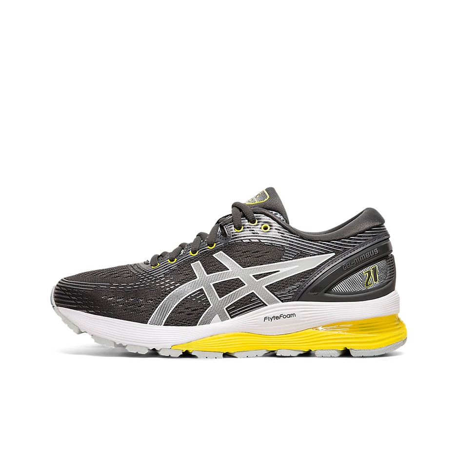 推荐商品：Asics/亚瑟士 Gel-Nimbus 21 跑鞋 舒适缓震防滑耐磨稳定支撑网面透气织物合成革慢跑 Dark Grey/Mid Grey 灰黄