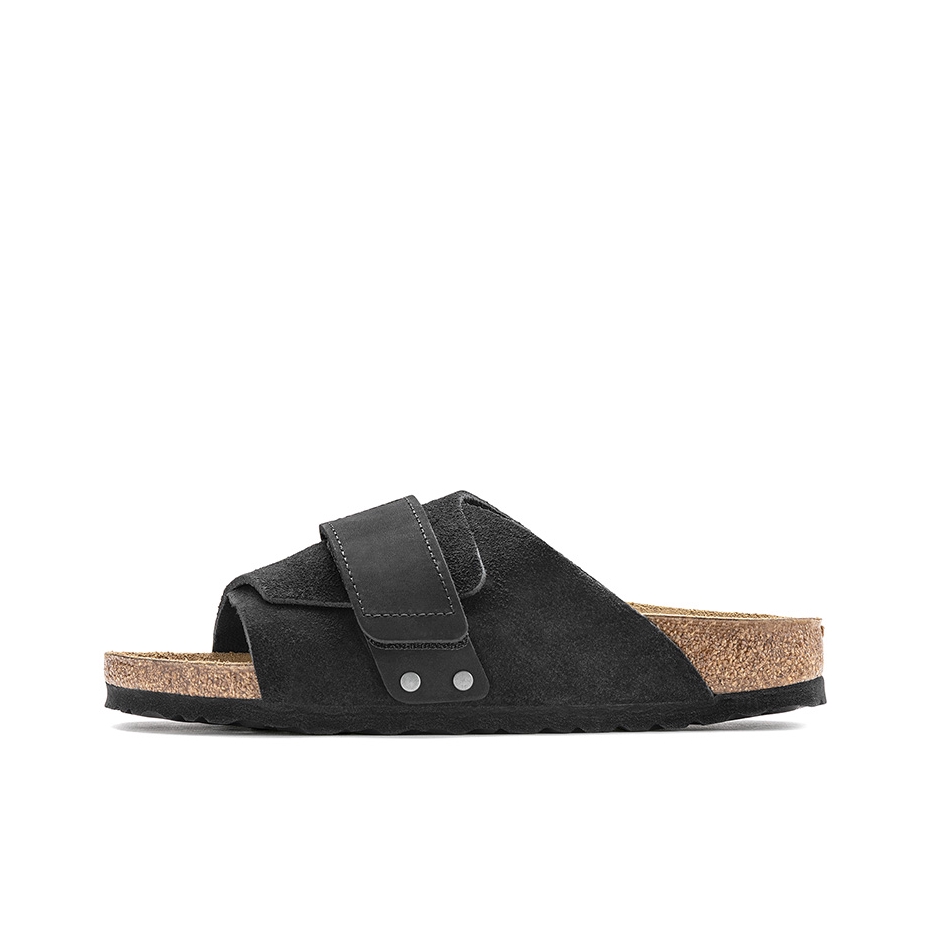 推荐商品：Birkenstock kyoto系列 舒适轻便 软木 牛皮 单带 一字 魔术贴 绒面革 拖鞋 黑色/棕色