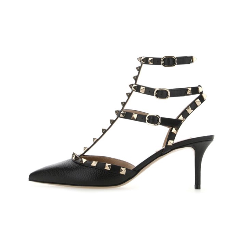 推荐商品：Valentino Rockstud 休闲时尚 露跟 铆钉装饰 踝带 尖头 一字带 细跟 高跟鞋 铆钉/黑色