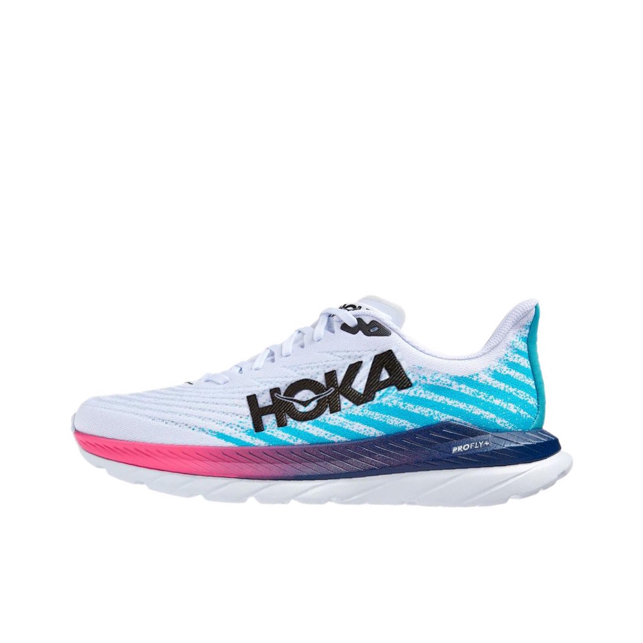 推荐商品：HOKA ONE ONE Mach 5 马赫5 竞速公路 减震回弹 轻便透气 防滑耐磨 织物 碳板 休闲 跑鞋 白色 / 深海蓝