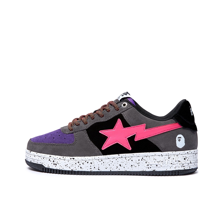推荐商品：Bape Sta 板鞋 拼接舒适皮革防滑耐磨系带圆头时尚简约复古百搭牛皮压纹平跟徽标星星图案 水泥灰/粉色