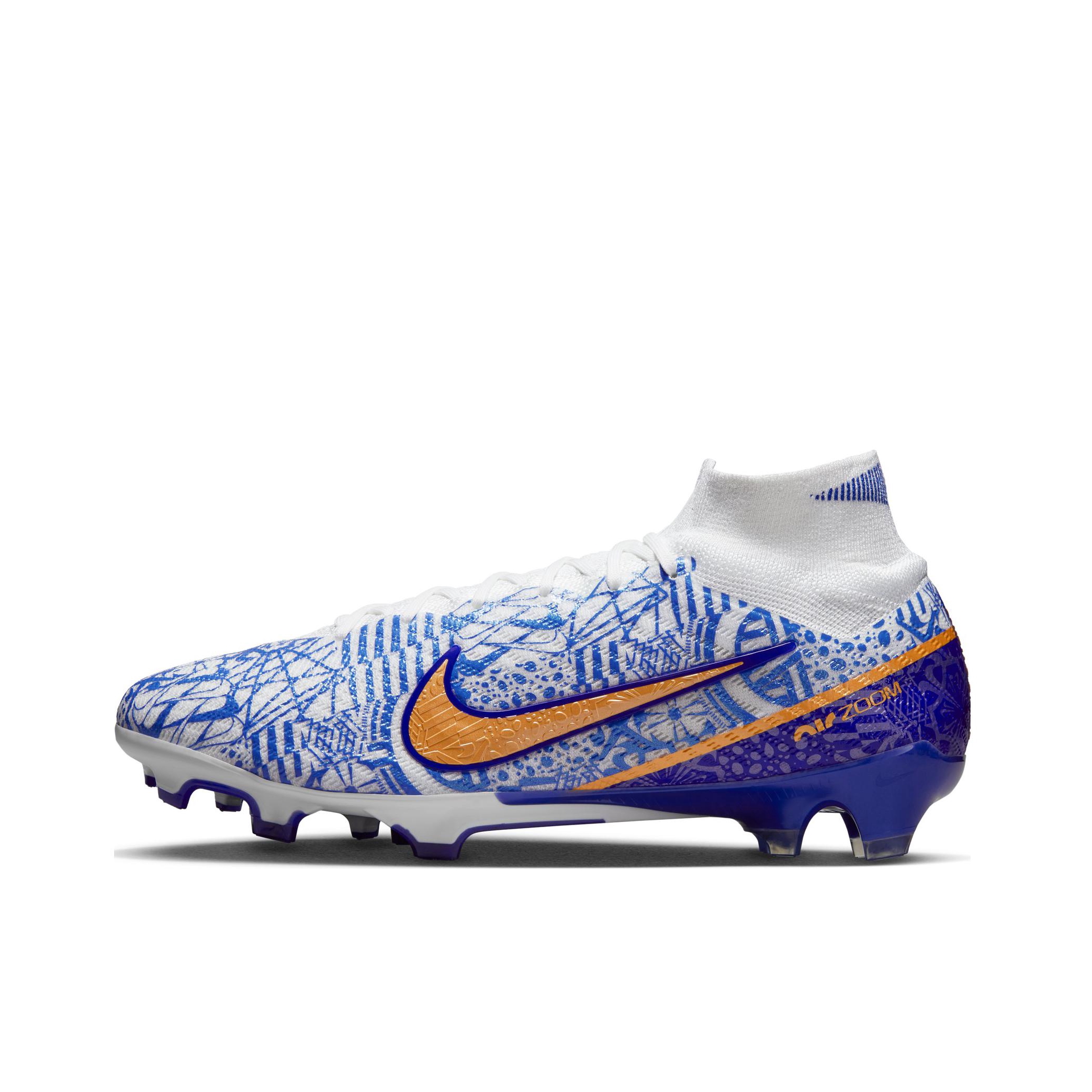 推荐商品：Nike Zoom Mercurial Superfly 9 Elite FG 顶级 胶质长钉 天然草地 圆头飞织防滑轻便 足球鞋 高帮/蓝色/白色