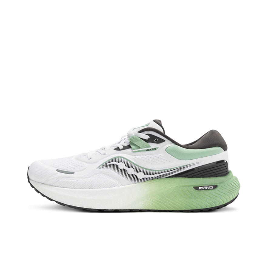 推荐商品：Saucony/索康尼 Surge 澎湃 缓震 防滑耐磨 轻便透气 软底回弹 跑鞋 白色/绿色