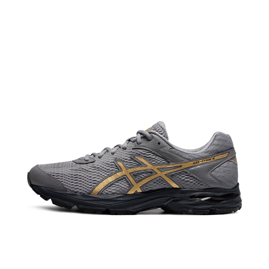 推荐商品：Asics/亚瑟士 Gel-Flux 4 跑鞋 包裹性舒适缓冲复古越野短跑慢跑织物轻量回弹合成革运动 灰色/金色