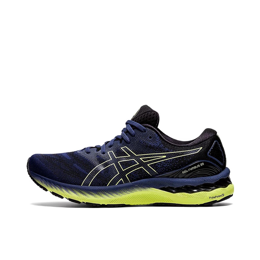 推荐商品：Asics/亚瑟士 Gel-Nimbus 23 跑鞋 缓震回弹防滑耐磨网面透气舒适支撑马拉松时尚织物圆头 藏蓝/黄色