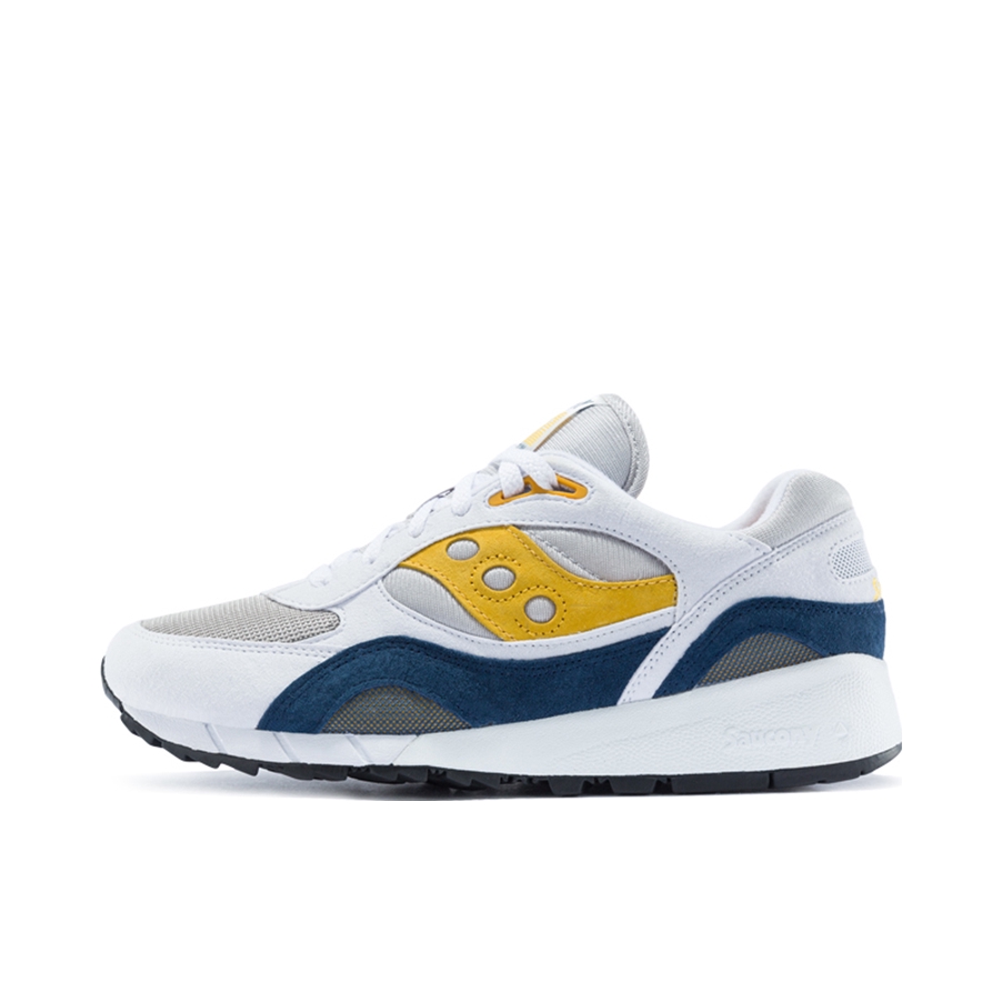 推荐商品：Saucony/索康尼 Shadow 6000 经典复古 防滑耐磨 舒适休闲 透气 防水 织物 运动 跑鞋 白色/金色/蓝色
