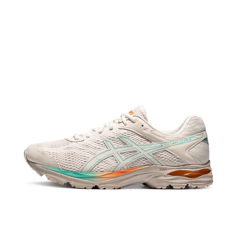 推荐商品：Asics/亚瑟士 Gel-Flux 4 跑鞋 包裹性舒适缓冲复古越野短跑慢跑织物轻量回弹合成革运动 白色/米色/绿色