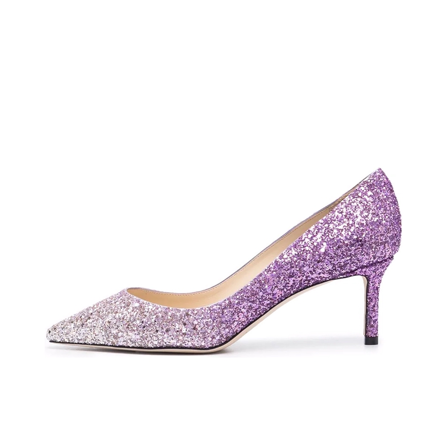 推荐商品：Jimmy Choo Romy 60 气质优雅 休闲百搭 时尚 舒适细跟 浅口尖头 套穿织物 亮片 婚鞋 高跟鞋 银色/紫色