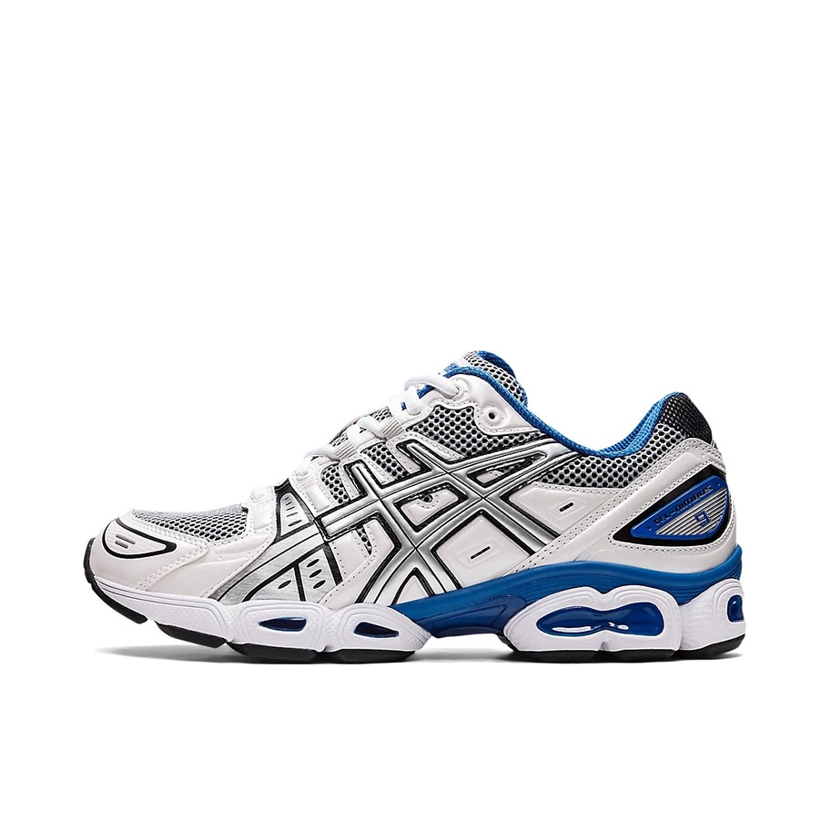 推荐商品：Asics/亚瑟士 Gel-Nimbus 9 跑鞋 减震回弹防滑耐磨网布透气合成革复古百搭圆头 白色/蓝色