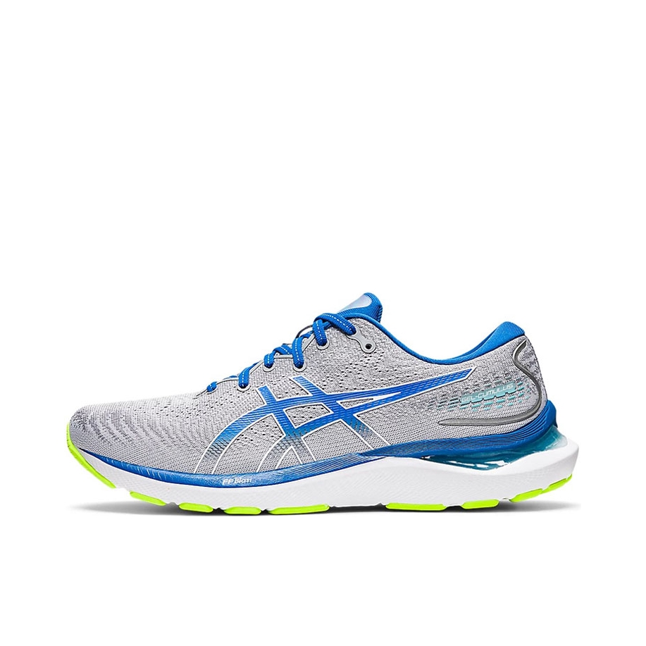 推荐商品：Asics/亚瑟士 Gel-Cumulus 24 跑鞋 减震耐磨稳定支撑舒适排汗透气轻量回弹圆头网面织物轻便体考马拉松 浅灰色/蓝色