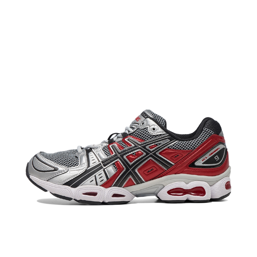 推荐商品：Asics/亚瑟士 Gel-Nimbus 9 跑鞋 减震回弹防滑耐磨网布透气合成革复古百搭圆头 灰色/动感红