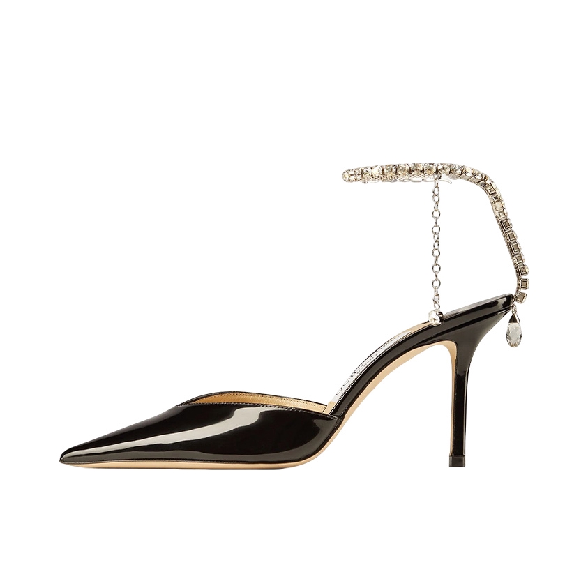 推荐商品：Jimmy Choo Saeda 85 链饰 舒适休闲 尖头 水晶饰 细跟 露跟 高跟鞋 黑色 