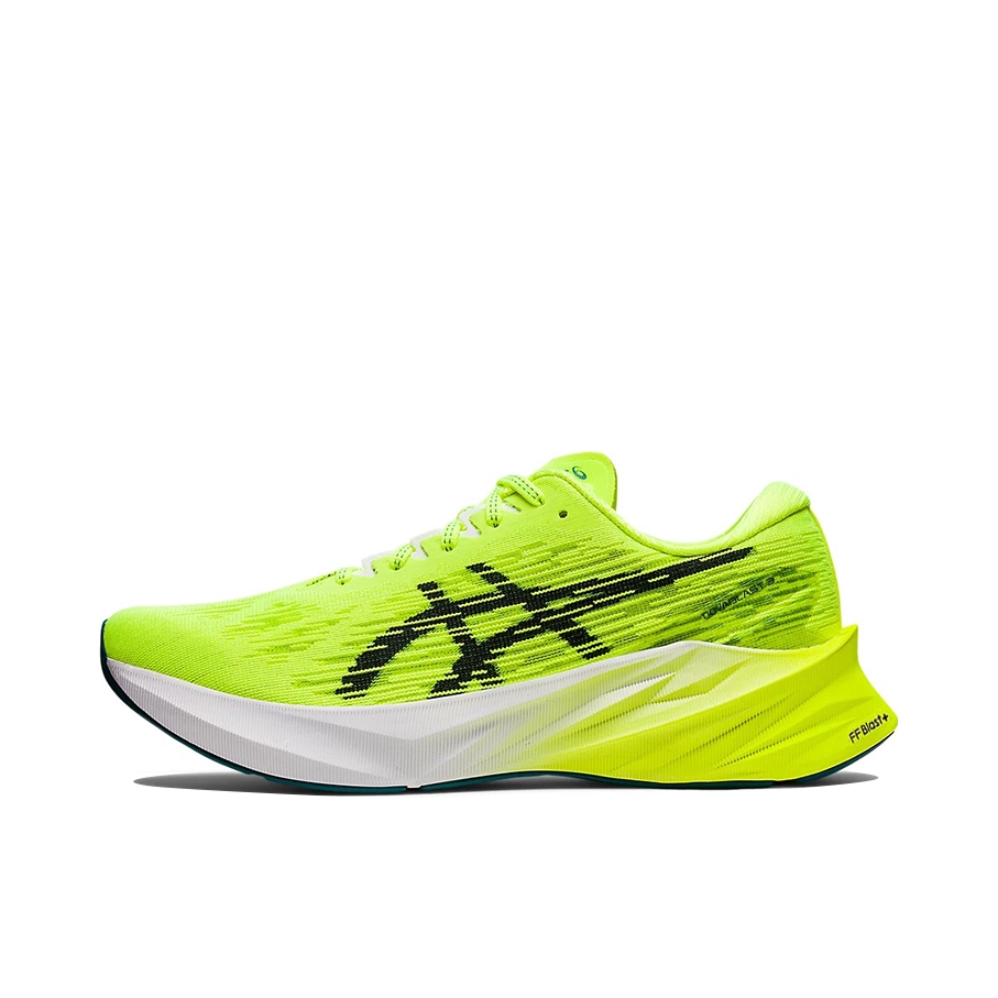 推荐商品：Asics/亚瑟士 Novablast 3 跑鞋 回弹缓震防滑支撑马拉松合成革织物网布透气碳板圆头 荧光绿/黑色/白色