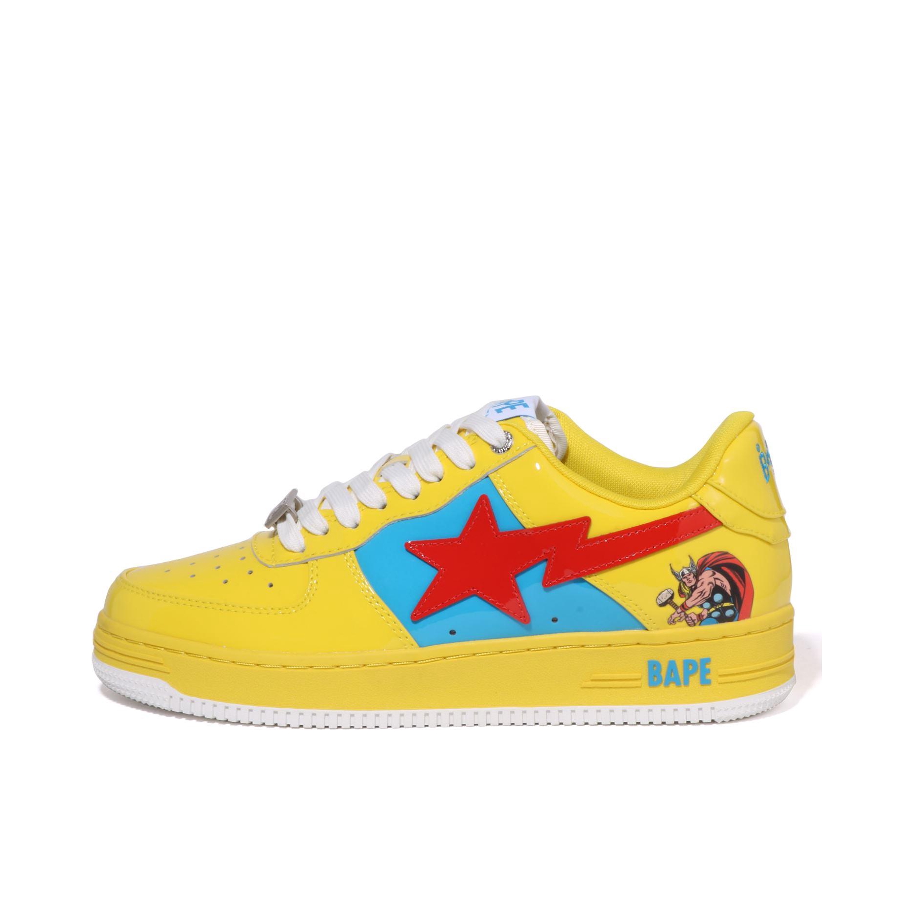 推荐商品：Bape Sta 板鞋 拼接舒适皮革防滑耐磨系带圆头时尚简约复古百搭牛皮压纹平跟徽标星星图案 漫威联名/雷神