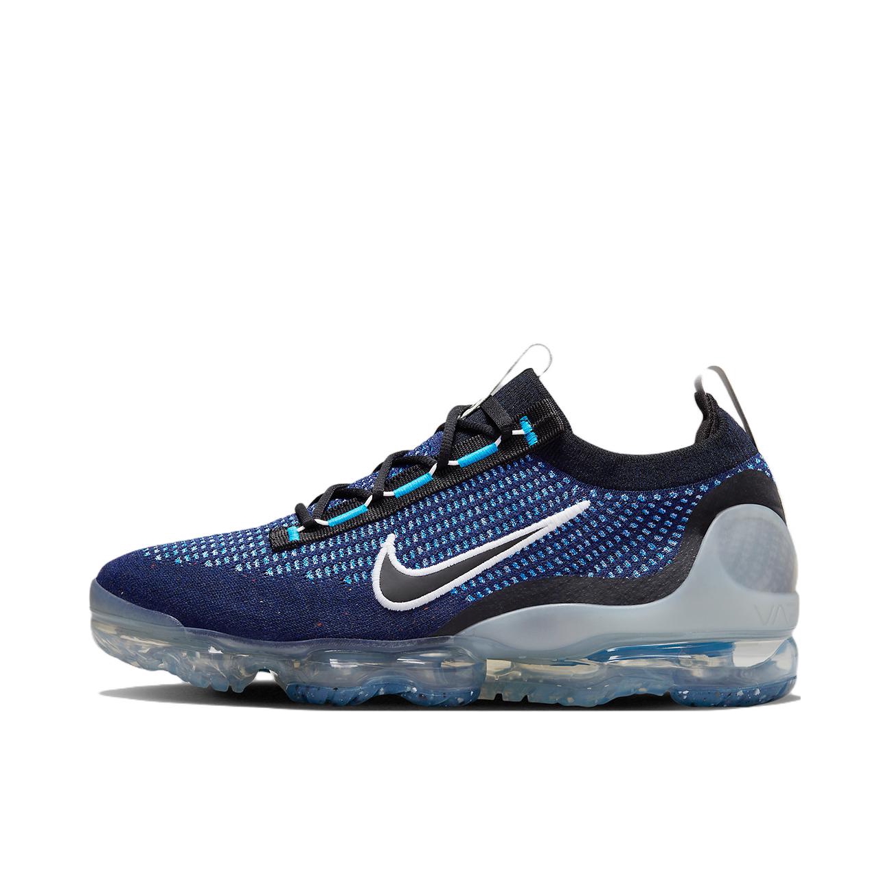 推荐商品：Nike Vapormax Flyknit 2021 跑鞋 全掌气垫减震回弹防滑耐磨舒适透气织物休闲运动 蓝色/灰色/黑色