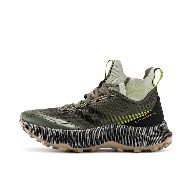 推荐商品：Saucony/索康尼 Endorphin Trail 啡越 越野跑山 减震透气 防滑耐磨 合成革 跑鞋 橄榄绿/黑色