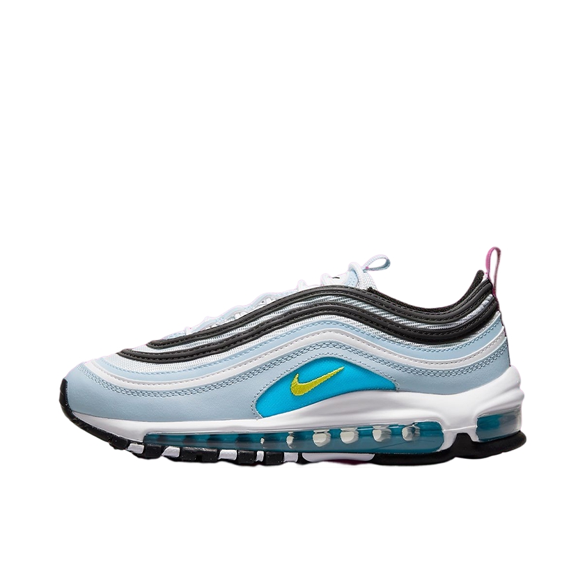 推荐商品：Nike Air Max 97 跑鞋 气垫减震全掌舒适透气防滑耐磨百搭复古织物合成革运动时尚圆头包裹性支撑 Blue Whisper GS/灰色/湖蓝色