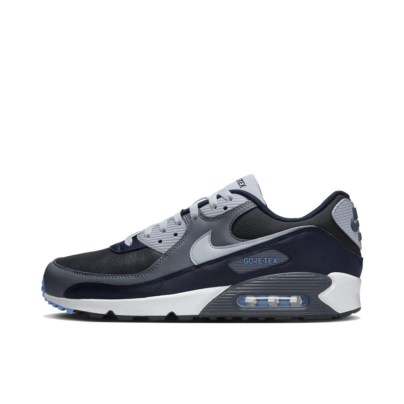 推荐商品：Nike Air Max 90 跑鞋 气垫合成革缓震透气复古增高圆头贴合拼接 Goretex/深蓝/灰色
