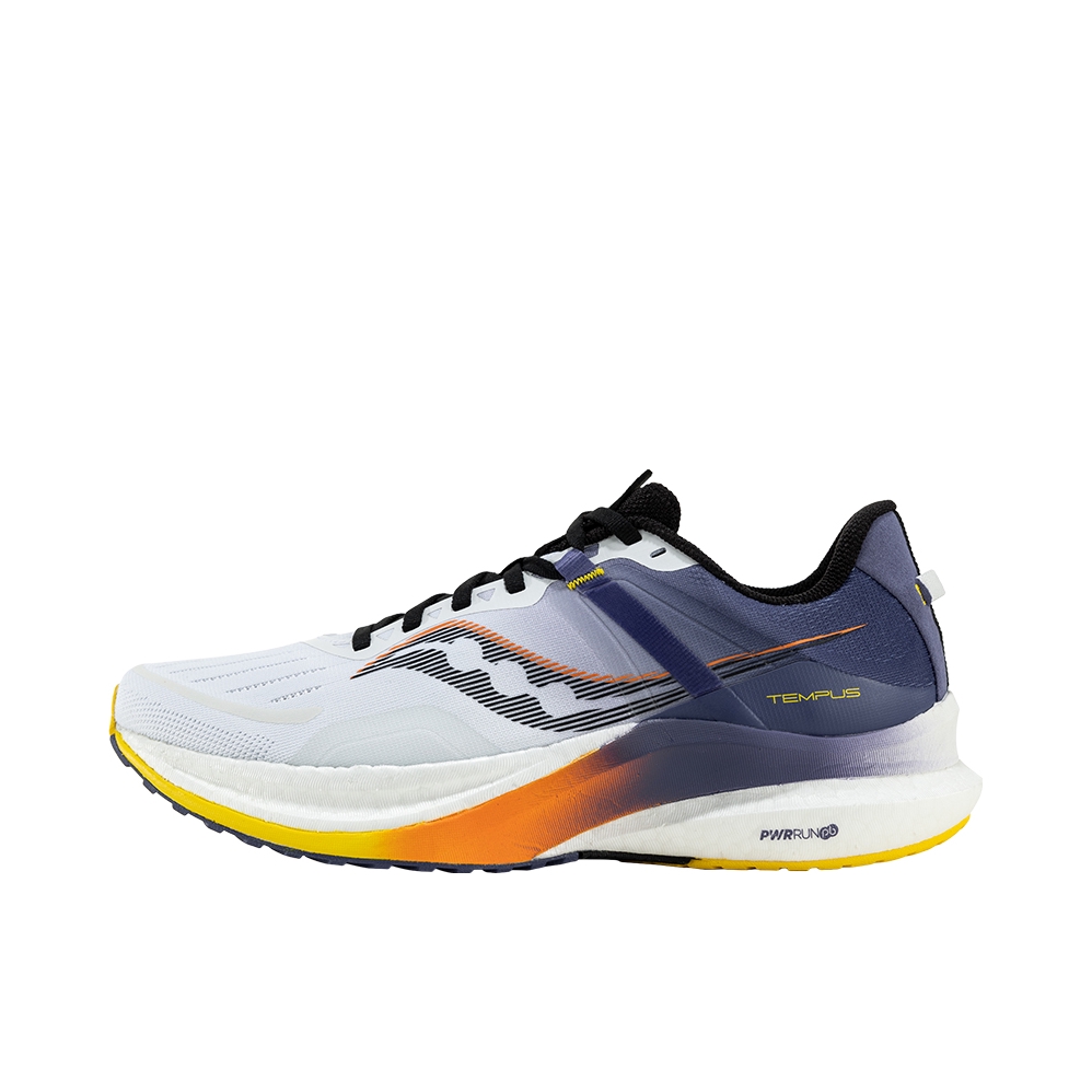 推荐商品：Saucony/索康尼  Tempus 1 坦途  防滑耐磨 缓震回弹 透气 稳定支撑 织物  跑鞋 白色/紫色