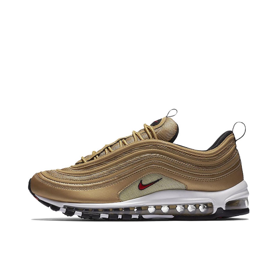推荐商品：Nike Air Max 97 跑鞋 气垫减震全掌舒适透气防滑耐磨百搭复古织物合成革运动时尚圆头包裹性支撑 Gold Bullet 2023/金子弹 