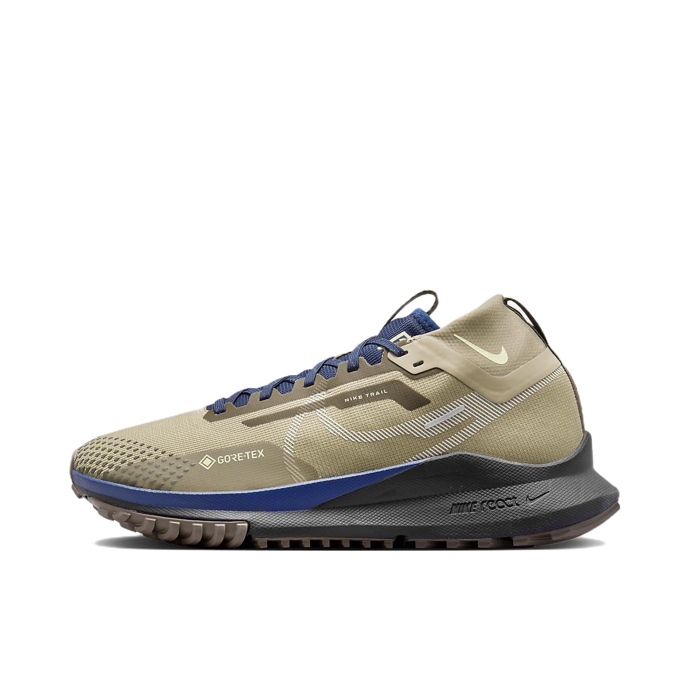 推荐商品：Nike React Pegasus Trail 4 飞马 跑鞋 缓震户外越野防水防滑织物支撑训练圆头回弹平稳 黑色/蓝色